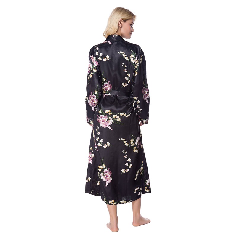 Lavenderi Women's Long Classic Satin Kimono Lounge Bathrobe Robe(XL,Black AOP)