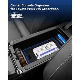 FIILINES Organizador de consola central con alfombrillas antideslizantes para Toyota Prius 2023 2024 2025, bandeja de consola secundaria, caja de almacenamiento de ABS con alfombrillas negras y