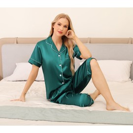 Vlazom Women's Pyjamas Sets, Silk Pj's Set Short Sleeve Button Down Top and Capri Lounge Set Soft Satin Loungwear Sleepwear Dark Green,L