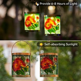 Starsoul 2 Pack Hanging Solar Lantern Outdoor Waterproof Glass Butterfly and Flowers Decorative Solar Lights for Outside Garden Yard Table Patio Decor