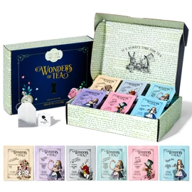 Alice’s Adventures in Wonderland, Wonder of Tea Gift Set, Tea Sampler includes 6 Flavours of Tea with Book Quotes and Illustrations, Set of 90