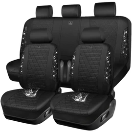 CAR PASS Oxford Bling Diamond Car Seat Covers Full Set Interior Sets, Waterproof Shining Glitter Sparkly Crystal Universal Armrest Fit 95% Automotive Truck SUV Cute Women Girl, All Black Rhinestone