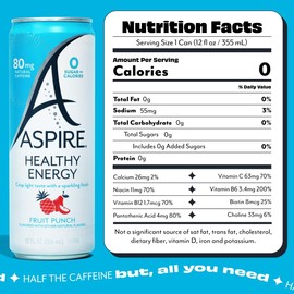 ASPIRE® Fruit Punch, Healthy Energy Drink 80mg Natural Caffeine, Zero Sugar No Carbs Keto Friendly, 12 Pack Green Tea Sugar Free Drink Low Caffeine Zero Calorie