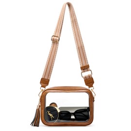 Unilily Clear Bag for Stadium Events, Clear Purse Stadium Approved Crossbody Bag for Concerts Sports Festivals Events Women, Brown with Herringbone Strap