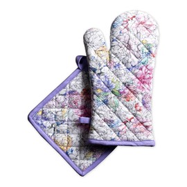 Maison d' Hermine Oven Mitt + Pot Holder 100% Cotton Easter Heat Resistant Kitchen Oven Gloves (7.5"x13") & Hot Pads (8"x8") for Chef, Women & Men, Wedding use, Floral Love - Spring/Summer