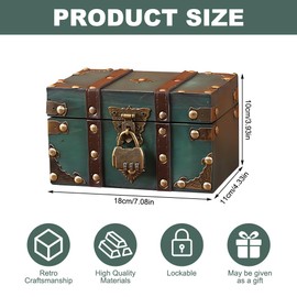 Vintage Wooden Treasure Chest, 18 x 11 x 10 cm, Treasure Chest with Lock, Green Treasure Chest with Combination Lock, Treasure Chest Children's Birthday with 3 Digit Combination Lock, for Storage and