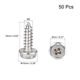 sourcing map Phillips Hex Washer Self Tapping Screws, M5 x 16mm 304 Stainless Steel Hex Flange Sheet Metal Screw 50pcs