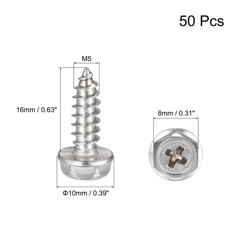 sourcing map Phillips Hex Washer Self Tapping Screws, M5 x