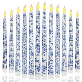 Kuabiz 12 Pcs Chinoiserie Flameless Candles 10.8 Inch Floral Taper Candles Blue and White Battery Operated Candle Chinoiserie Decor for Wedding Table Centerpiece Garden Home Party Decor Supplies