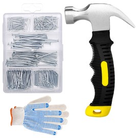 376pcs Hardware Nails Assortment Kit with 8oz Small Claw Hammer, Mini Hammer with Anti-Slip Handle, Maximum Length 2 Inches, Finishing Nails for Hanging Pictures, Household & DIY