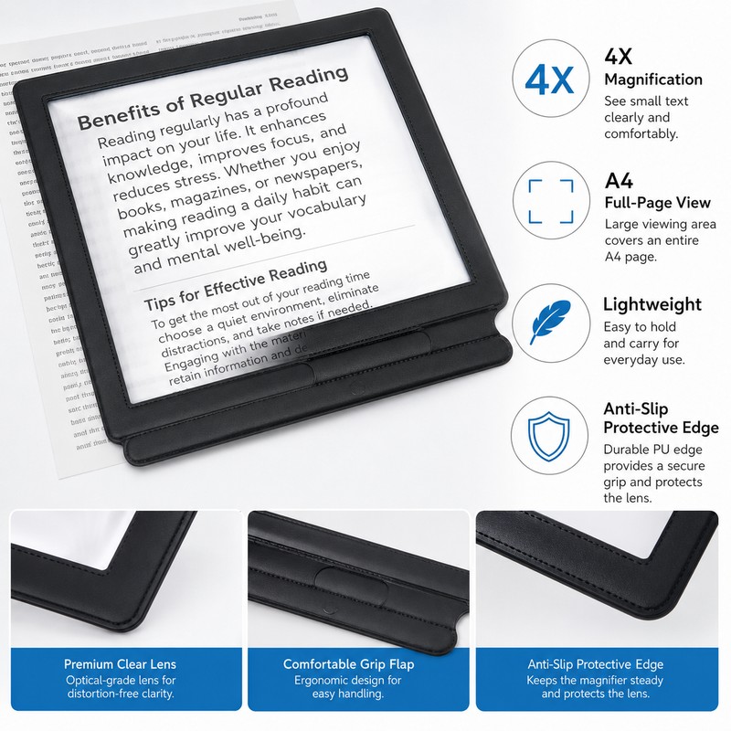 A4 Full Page Magnifier for Reading Small Print – Lightweight