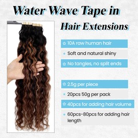 Curly Tape in Hair Extensions Water Wave Ombre Natural Black to Auburn Brown Highlights Double Side Skin Weft Tape ins for Black Women 16 Inch Real Virgin Hair Invisible Seamless Hair Extensions