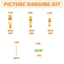 171-Piece Picture Hanging Kit - 30lb/25lb/20lb Heavy-Duty Hooks with Nails & Level, Wall Mounting Hardware for Drywall, Wood & Plaster (Gold)
