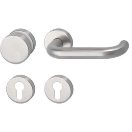 MARCHESI Harmonie Door Handle Set U-Shape + Knob Fixed on Round Rosette PZ, Right for Door Thickness 40-45 mm ÖNORM, Matte Stainless Steel