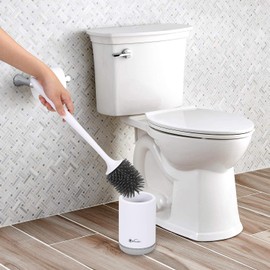 Vinsani Toilet Brush with Handle & Holder Set - Non-Slip Plastic handle with Deep Cleaner Flexible Rubber Bristles and Quick Dry Holder, Grey, 1 Pack