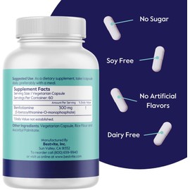 BESTVITE Benfotiamine 300mg, 180 Vegetarian Capsules (60x3), No Stearates or Silicon Dioxide, Vegan, Non-GMO, Gluten-Free