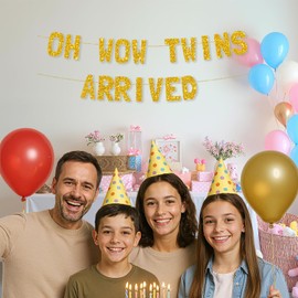 Meowoo Thrilling Twins Celebration Banner, Oh Wow Twins Arrived, Glittery Gold Deco, 7.7-Inch Letters, Durable & Reusable Design for Baby Party