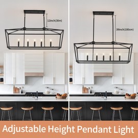 KEESFU 5 Light Dining Room Light Fixtures Over Table, Black Farmhouse Chandelier, Adjustable Height Hanging Pendant for Kitchen Island, Dining Table,Living Room.