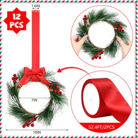 Crowye 12 Pcs Christmas Cabinets Wreaths for Kitchen Cabinets with Ribbon Hanging 10 Inches Artificial Green Leaves Decorative Berry for Kitchen Window Front Door Wall Winter Decor (Red)
