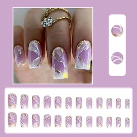 ANDGING Marble Press on Nails Short Square Fake Nails with Glue Acrylic Glue on Nails with Designs Classy Gel Manicure Glitter False Nail for Women Girls Stick ons Nails for Wedding Birthday JDKL868