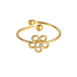 Minimalist Flower Crystal Statement Ring for Women Cute Stainless Steel CZ Hollow Petals Floral Finger Rings Stackable Gold Adjustable Open Wrap Band Comfort Fit Fashion Jewelry for Her Girlfriend