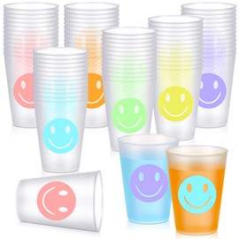Irenare 72 Pieces 9 OZ Reusable Plastic Smile Pattern Drink Cups Plastic Tumbler Kids Drinking Cups Pastel Cute Plastic Cups for Birthday Picnics Sports Event Wedding Bachelorette Party Decorations