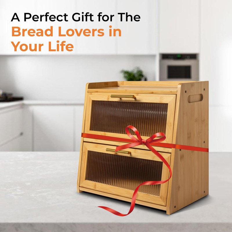 Gennua Kitchen Bamboo Bread Box for Kitchen Countertop, Large Dual-Layer