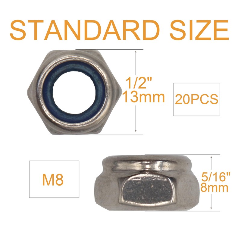 binifiMux 20Pcs M8 x 1.25mm Lock Nuts, 304 Stainless Steel