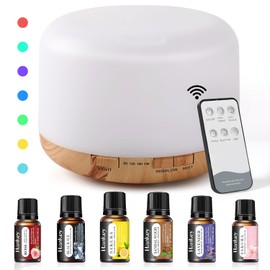 LEKOU Difusor De Aromas 500ML, Humidificador De Aire Orientable 7 Colores Luz Led, Difusor De Aceites Esenciales Contiene 6 Botellas De Aceites...    