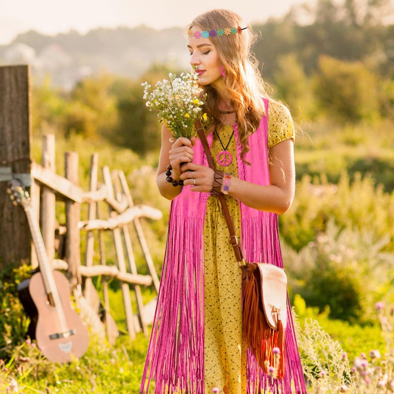 Hippie Costume Women's Vest Pink 5 Pieces Boho Retro Hippie