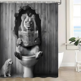 JWJAMM Funny Cool Lion Shower Curtain Grey Leo Humor Animal Reading on Toilet Masculine African American Black and White Funky Boho Country Bath Curtains with Hook,70x70 Inch