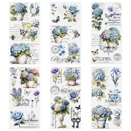 HICOHAND Rub On Stickers, 6 Sheets Vintage Flower Stickers for Wood DIY Home Office Decoration Blue Floral