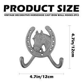 UPIQNG 3Pcs Horseshoe Hook Cast Iron Horseshoe Hook Vintage Home Decorative Hook Double Key Coat Hook Wall Hanger for Key Clothes Hat Bag