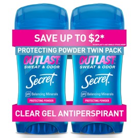 Secret Outlast Antiperspirant Deodorant for Women, 48hr Sweat & Odor Protection, PH Balancing Minerals, Clear Gel, Protecting Powder Scent, 2.6 oz (Pack of 2)