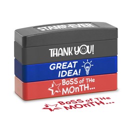 Stakz Pre-Inked Message Stamp – Thank You, Great Idea, Boss of The Month - Red, Blue, Black Ink – Impression Size: 5/8” x 1-13/16”