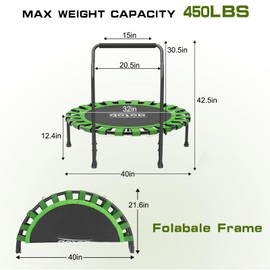AOTOB 40" Fitness Trampoline for Adult, Max Load 450 LBS, Foldable Mini Rebounder with Durable Bungees, Small Exercise Trampoline for Workout for Quiet & Safely Cushioned Bounce(Green)