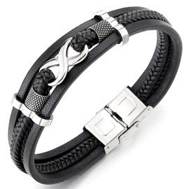 COOLSTEELANDBEYOND Three Rows of Infinity Love Infinity Number 8 Braided Leather Bracelet for Men and Women, Black leather, Not applicable