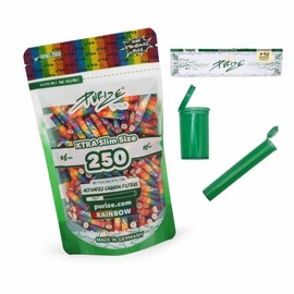 PURIZE Xtra Slim Size 6 mm (5.9 mm) Activated Carbon Filters with 2 Ceramic Caps Including Joint Tube, Pop-up Containers, Papers and 1/5 Stickers (Rainbow) Pack of 250