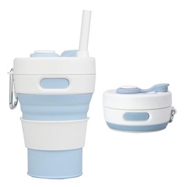 UNNESTAR Collapsible Camping Cup with Straw Silicone Folding Coffee Cup Sport Bottle Portable Travel Outdoor Car 16oz 20oz (Light Blue)