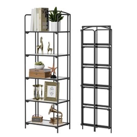 Crofy No Assembly Folding Bookshelf for Living Room, 5 Tier Black Collapsible Book Shelf for Home Office, Portable Bookcase Storage Organizer