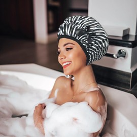 Women's Waterproof Shower Caps - Women's Reusable Shower Caps Waterproof Long Hair Shower Caps Non-slip shower caps Suitable for long hair braids (black stripes)