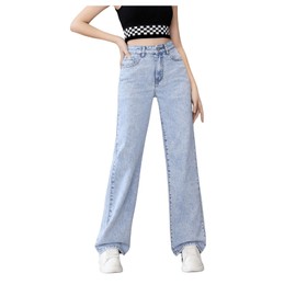 WDIRARA Girl's High Waisted Button Straight Leg Cargo Jeans Denim Pants with Pockets Light Wash 14Y