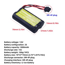 Fytoo 1PCS 7.4V 3000mah 15C 2S Li-ion Battery with SM-4P Plug with USB Charging Cable for EC08 DE85 Remote Control Car Truck Remote Control Boat Remote Control Drone Engineering Vehicle Battery