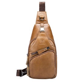Hebetag Leather Sling Bag Crossbody Backpack for Men Women Outdoor Travel Shoulder Chest Pouch Hiking Camping Casual Pack Daypack (Light Brown)