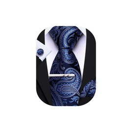 Barry.Wang Navy Blue Tie with Tie Clip for Men Paisley Silk Necktie Pocket Square Cufflinks Set Formal Wedding Party Business