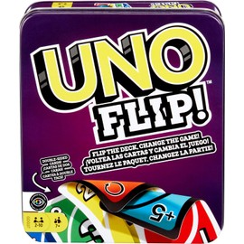 UNO Flip. Juego de Cartas para Jugar Entre Amigos, con Estuche Metálico, Juego Familiar, Juego de Mesa, 7+ Años