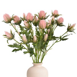 HUIANER Artificial Thistle Spray Eryngium Flowers 2pcs Artificial Real Touch Eryngium Artificial Sea Holly Flowers for Wedding Bridal Bouquet Wreath Table Centerpiece Outdoor Decor (Pink)