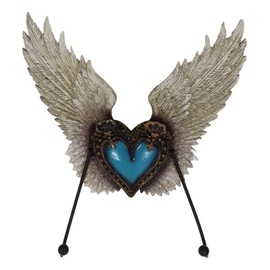 Ebros Gift Rustic Western Tooled Faux Leather Fleur De Lis Heart with Turquoise Rock and Angel Wings Wall Double Hooks Decorative Hanging Accent