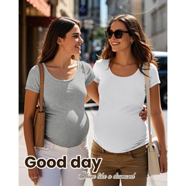 Neer 3 Pack Women's Ribbed Maternity Tops Pregnancy Round Neck Shirts Cotton Short Sleeve Soft Maternity Clothes for Mama(Light Gray, White, Black,Large)