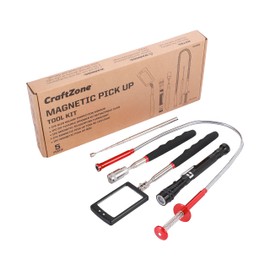 CraftZone Magnetic Pick Up Kit 5pc, With 1lb And 10lb Pick Up Rod, Square 360 Swivel Adjustable Inspection Mirror And Flexible Led Flashlight, Magnetic And Telescopic
